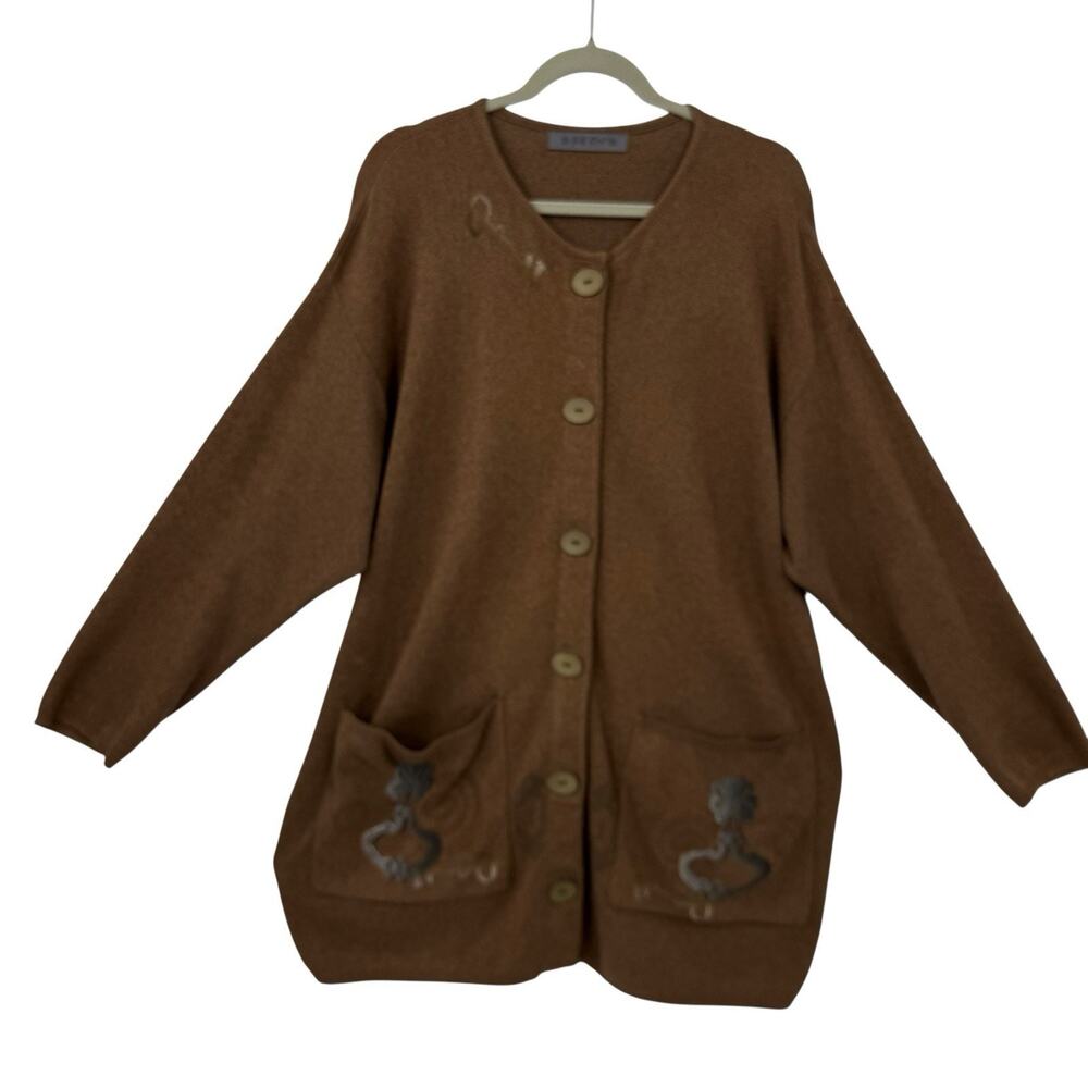 Blue Fish Cardigan Full Button Front size XXL Brown Lock & Key Hand Painted Art